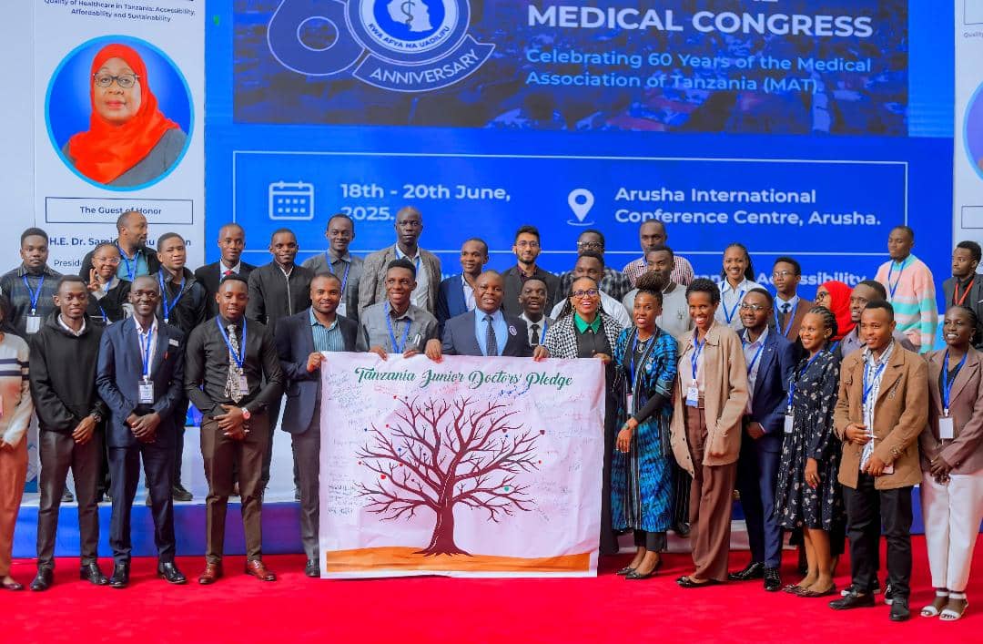 The President of the Medical Association of Tanzania, Dr. Mugisha Ntiyonza Nkoronko in a group photo with Junior Doctors after re-launching of the Tanzania Junior Doctors Network.

#NMC2025 
#MAT60YrsAnniversary