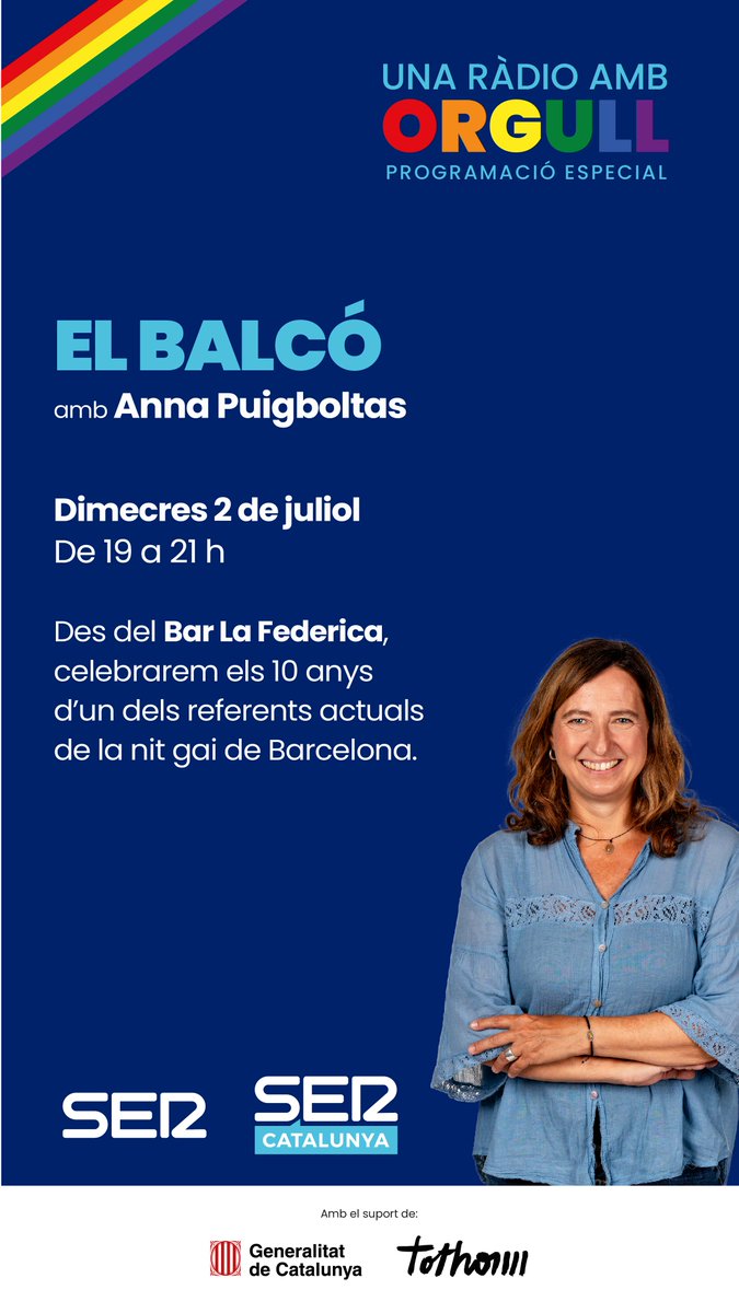 🌈 Avui, dimecres, <a href="/SERCatalunya/">SER CATALUNYA</a> continua amb la programació especial de l'#orgull

⏰ A les 19 h, El Balcó, des del bar La Federica 

Consulta la cobertura especial de la setmana al web de <a href="/SERCatalunya/">SER CATALUNYA</a>: cadenaser.com/cataluna/2025/…

Amb el suport de la <a href="/gencat/">Generalitat de Catalunya</a>, el Govern de Tothom