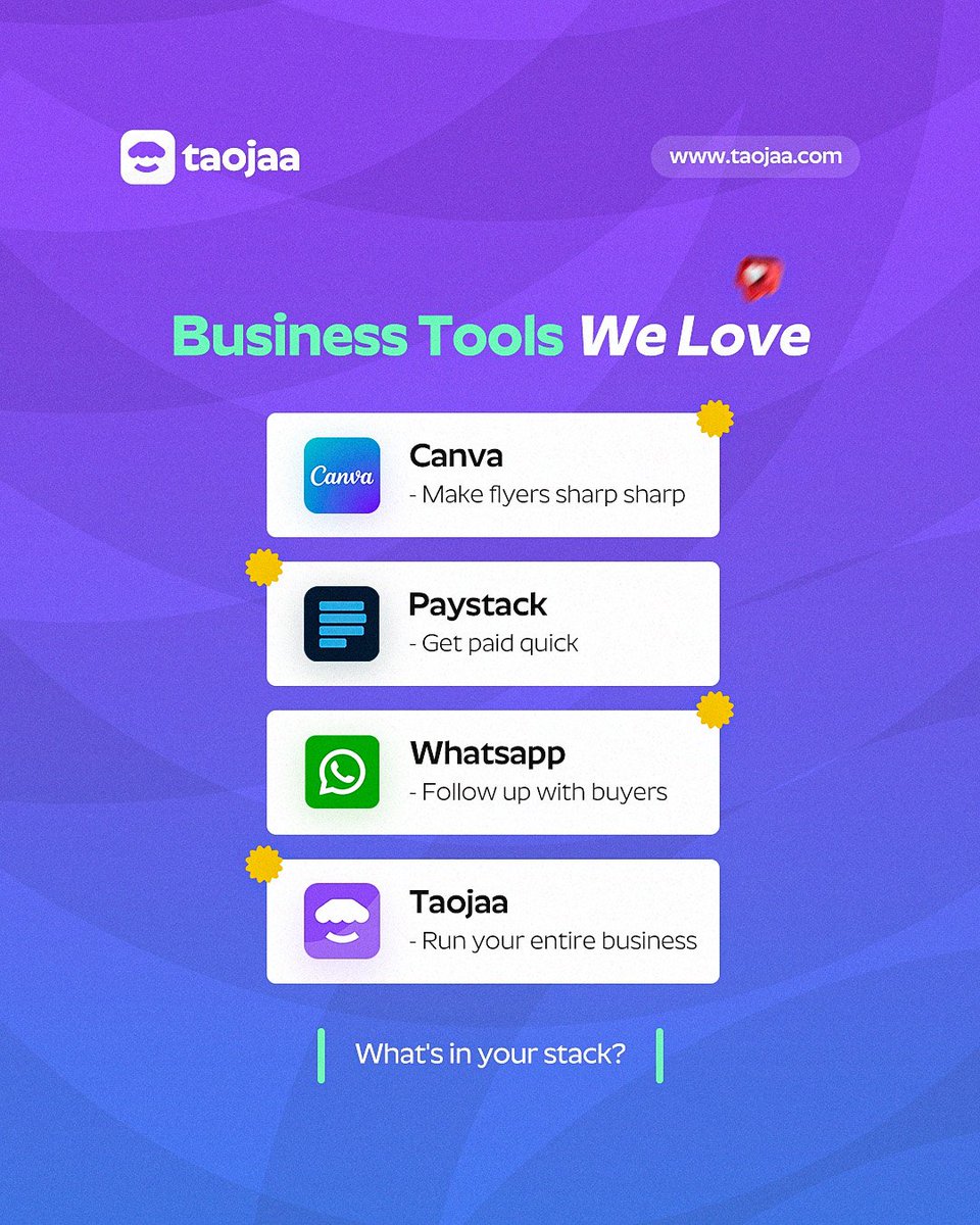 taojaaHQ's tweet photo. They say show us your friends and we will tell you who you are, we say show us your business stack and we tell you what kind of business owner you are 😄

#Taojaa #DigitalCommerce https://t.co/E1yHzTMTd1