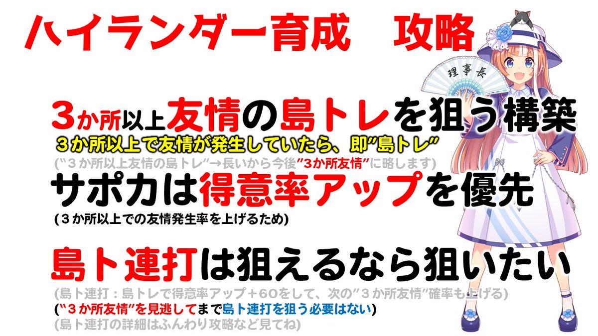 galgardon's tweet photo. ウマ娘　新シナリオ　ハイランダー編成　攻略です。

・サポカは”得意率"を重視し５色＋友人で組みましょう
・"３か所以上で友情"が発生してたら"即島トレ"です
(4友情以上を待つ必要なし)
・建設計画は スピLv5 賢さLv1にしつつ、他は5-3-3で

FANBOXにより詳しい解説(17枚)を書きました(月500円)
https://t.co/Pomgsz6EiL

良かったら支援いただけると嬉しいです。