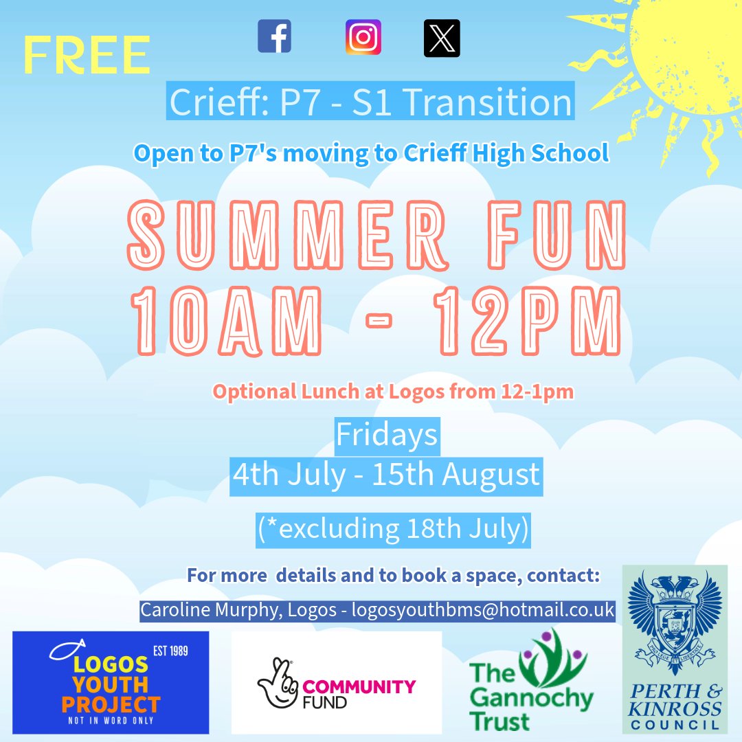 Our annual P7-S1 Summer Fun transition sessions start today in Logos Auchterarder. If you haven't booked a space don't worry - come along at 10am &amp; we can sign you up!
*The Crieff Summer Fun session run on Fridays. <a href="/ActiveSchoolsPK/">P&K Active Schools</a> <a href="/TheCSoA/">The Community School of Auchterarder</a> <a href="/CrieffHigh/">Crieff High School</a> <a href="/pkcyouthwork/">PKC Youth Work</a>
