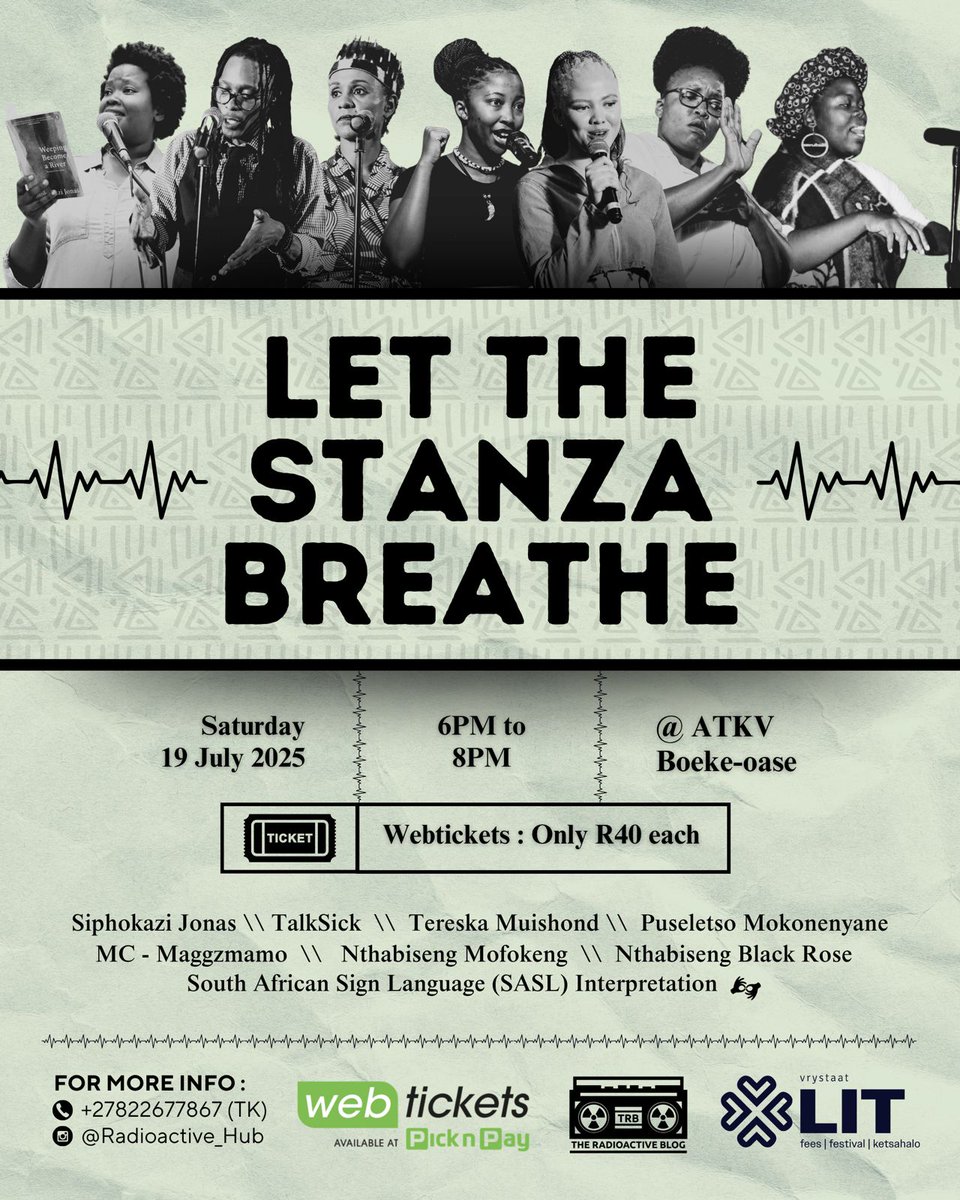 Siphokazi Jonas joins the powerful lineup for Let the Stanza Breathe; a spoken word poetry event presented by The Radioactive Blog in collaboration with the Vrystaat Literature Festival 2025. 📖