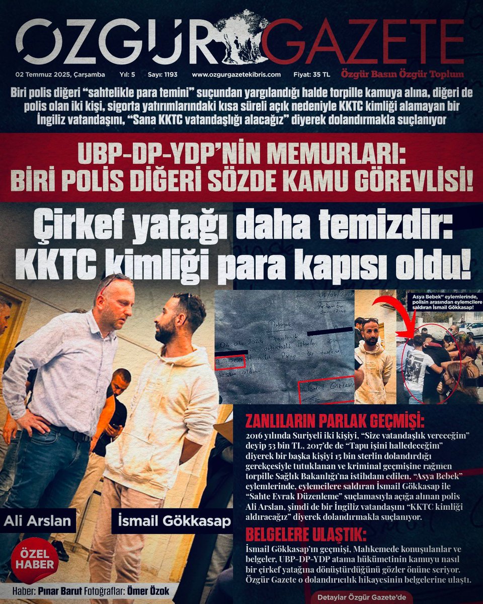 📷Biri polis diğeri “sahtelikle para temini” suçundan yargılandığı halde torpille kamuya alınan iki kişi, sigorta yatırımlarındaki kısa süreli açık nedeniyle KKTC kimliği alamayan bir İngiliz vatandaşını, “Sana KKTC vatandaşlığı alacağız” diyerek dolandırmakla suçlanıyor, olayın