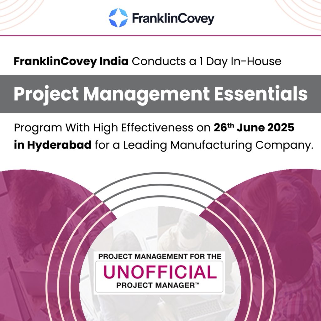 FranklinCovey_I's tweet image. FranklinCovey India conducts a 1 day in-house Project Management Essentials Program with high effectiveness on 26th june 2025 in Hyderabad for a leading manufacturing company.
#leadership #onlineprogram #Leaders