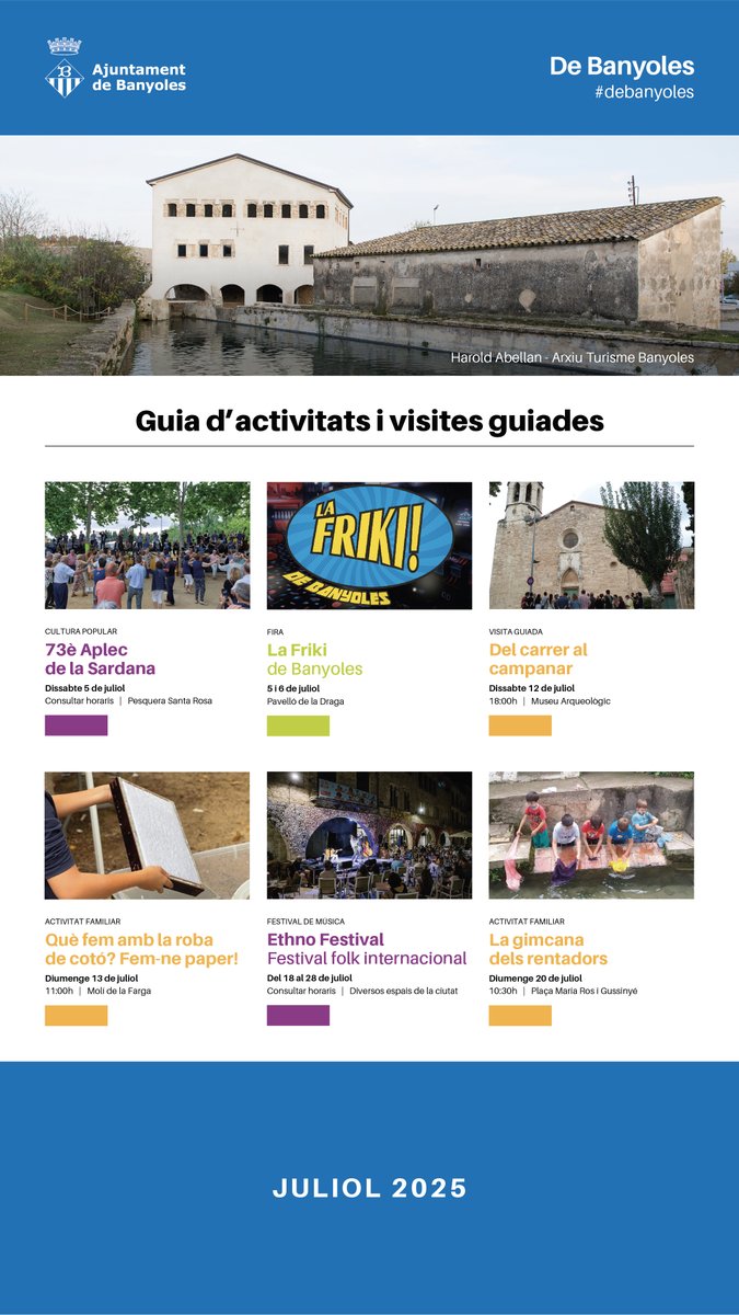 ☀️Guia d’activitats i visites guiades – Juliol

L’estiu arriba amb força i juliol ve carregat de propostes per viure Banyoles com mai: cultura, natura, patrimoni i molt més!

ℹ️ Consulta la guia completa a la nostra web 👉 de.banyoles.cat