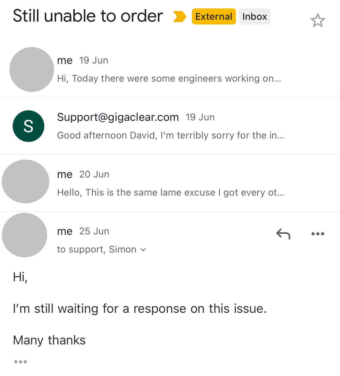ride165's tweet photo. @gigaclear can you please tell me why you are ignoring my emails?

I’ve been waiting 2 years to order your service when my immediate neighbours can order and have ordered. You keep giving the same excuses which are untrue. https://t.co/lmLoz011YV