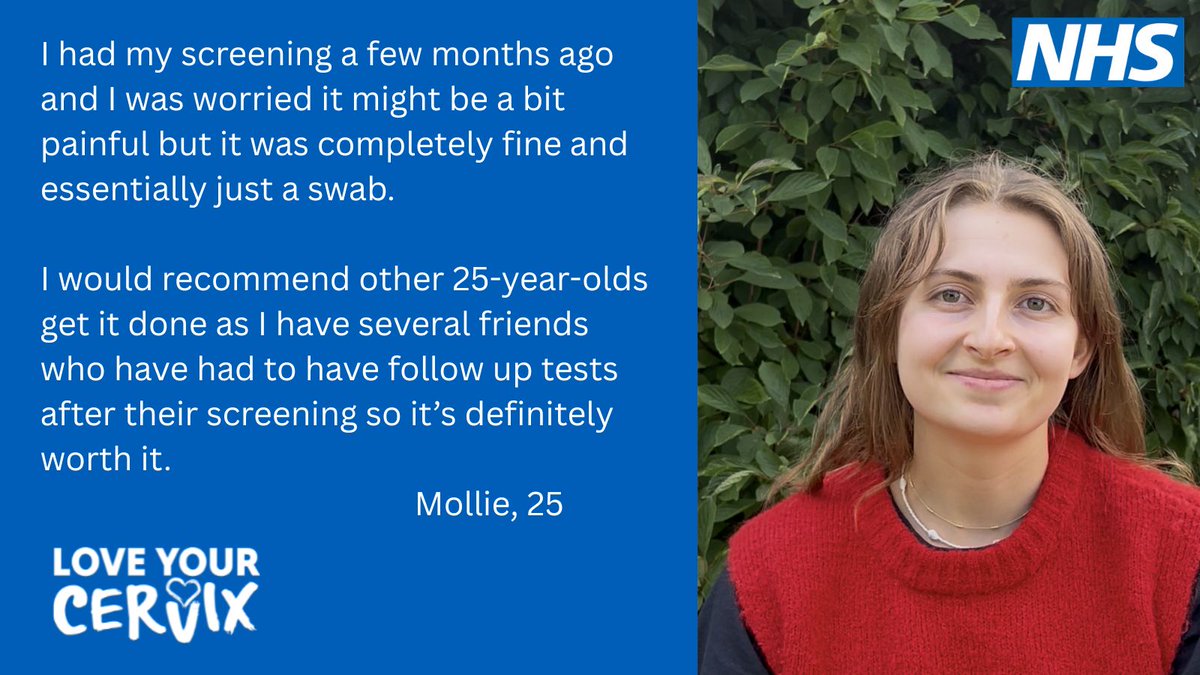 “It was completely fine – just a swab.”

Mollie, 25, from Surrey, shares her cervical screening experience to help others feel reassured.

If you're aged 25–64, don't ignore your invite - it could save your life.

Learn more: ow.ly/SEn450Wc7HK

#LoveYourCervix