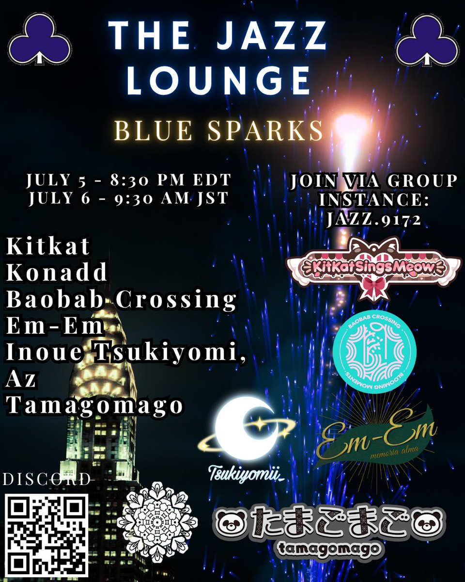 Lanzor_Roznal's tweet photo. "Blue Sparks" is a Jazz Lounge event bringing both NA and JP Jazz musicians on the stage in another incredible crossover this summer on July 5th, 8:30 PM EDT
Starring:
@KitkatSingsMeow 
@kon09430950 
@Sheena_baobab 
Em-Em
Inoue Tsukiyomi
@azvo9 
@tamagomago 

#JAZZLounge_VRC🎇 https://t.co/mT068d6qUA