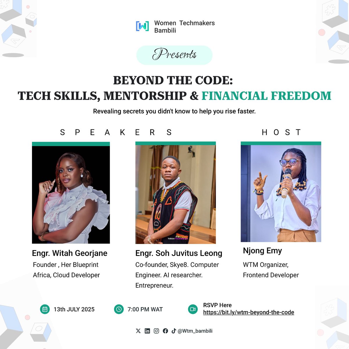 Turn tech skills into a sustainable career? 

Join WTM Bambili's Beyond the Code: Tech Skills, Mentorship and Financial Freedom event. Expert speakers, strategies &amp; mindset to succeed!

 📝 RSVP: bit.ly/wtm-beyond-the…
 📅 Jul 13, 
⏰ 7PM 

Don't miss out! 
#WTMBambili