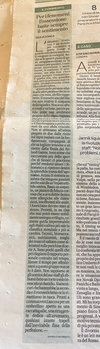 paoloangeloRF's tweet photo. #zonca” l’altissimo livello non è un mondo per romantici a quota #Sinner si guarda solo dritto altrimenti vengono le vertigini.. i campioni incrociano i sentimenti li esaltano li spremono ma alla fine vince quasi sempre l’ossessione i fuoriclasse devono stare al sicuro protetti https://t.co/terBdhfqcq