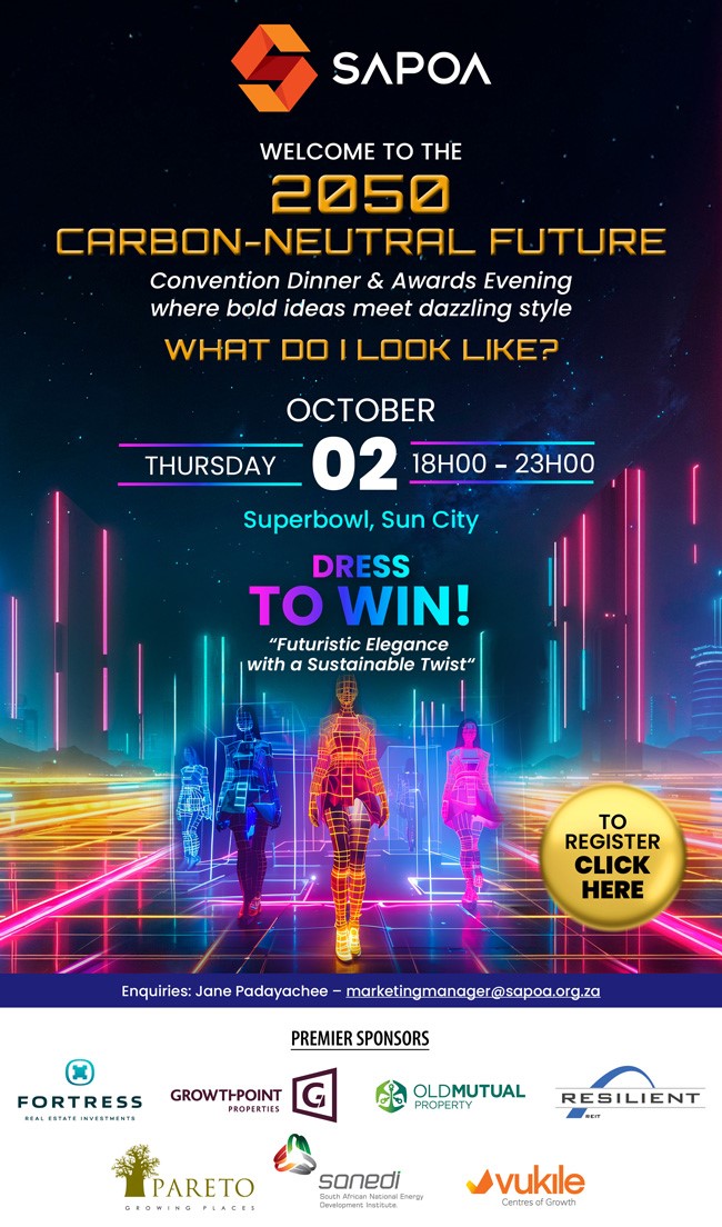 SAPOA (@sapoa_sa) on Twitter photo The SAPOA Annual Convention Dinner & Awards Evening 2025
A carbon-neutral future - what do I look like?
Book your seat now: sapoaconvention.co.za/registration/
Enquiries: marketingmanager@sapoa.org.za The SAPOA Annual Convention Dinner & Awards Evening 2025
A carbon-neutral future - what do I look like?
Book your seat now: sapoaconvention.co.za/registration/
Enquiries: marketingmanager@sapoa.org.za