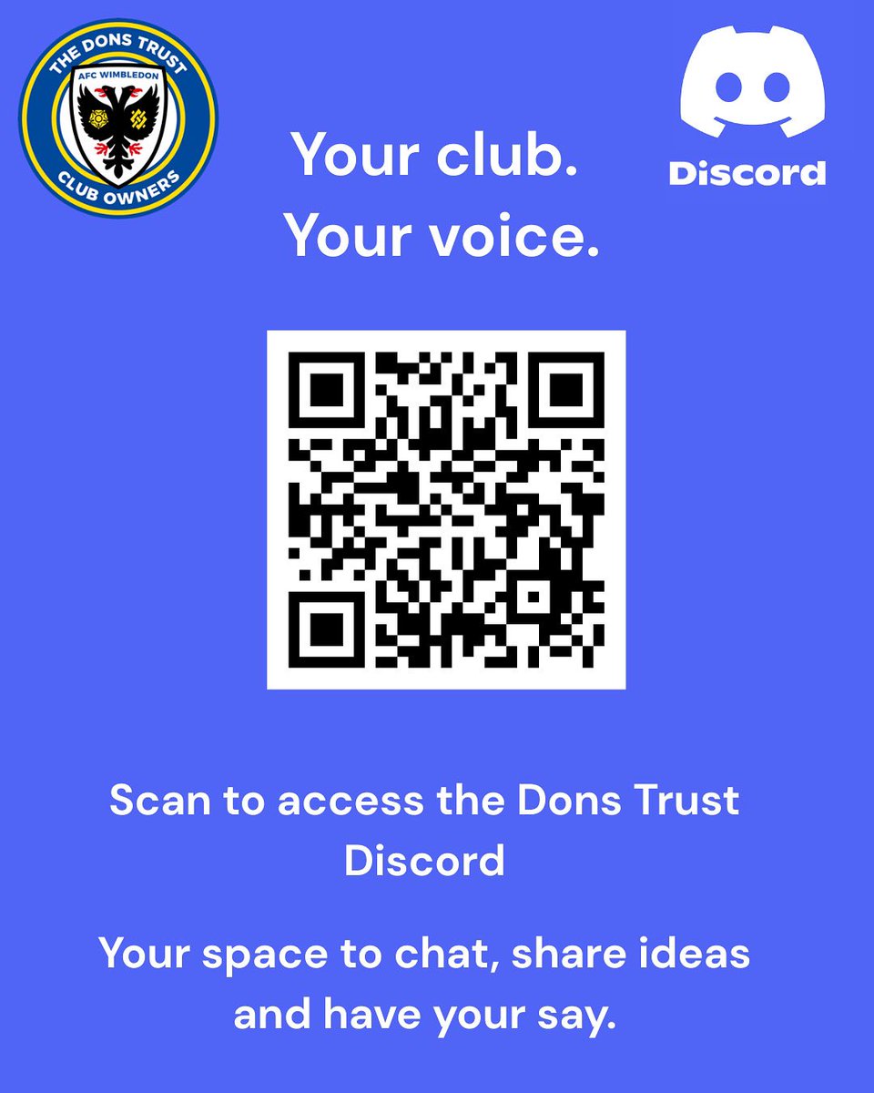 TheDonsTrust's tweet photo. Join the Dons Trust Discord

Got a question? Want to have your say? 

The Dons Trust Discord is where members come together to chat, share ideas, and speak directly with the board.

It only takes a minute to join: https://t.co/hjU5NQRd5h

#DonsTrust #AFCWimbledon #FanOwnedClub https://t.co/GkwprtFfyh
