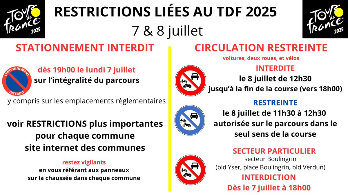 #TourDeFrance | Le passage de la course le 8 juillet impactera la circulation et le stationnement dans plusieurs secteurs de #SeineMaritime.
📍Anticipez vos déplacements
❌ Stationnement interdit dès le 7/07 à 19h
🚗 Circulation restreinte le 8/07
📎 Plan et infos pratiques ⤵️