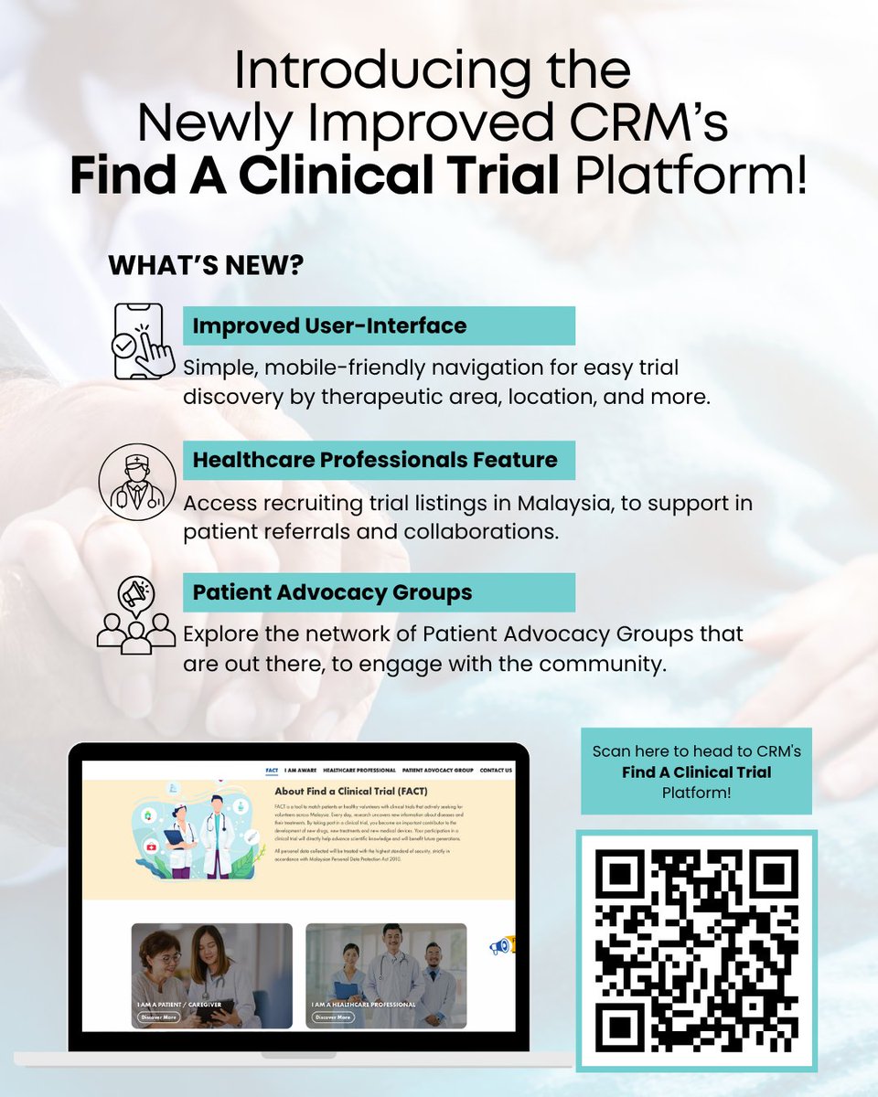 CRM is proud to introduce the newly improved Find A Clinical Trial (FACT) platform, designed to make clinical trial discovery easier, faster and more accessible, with a clean and user friendly interface that gives an easy interaction and mobile-friendly interface.

The platform