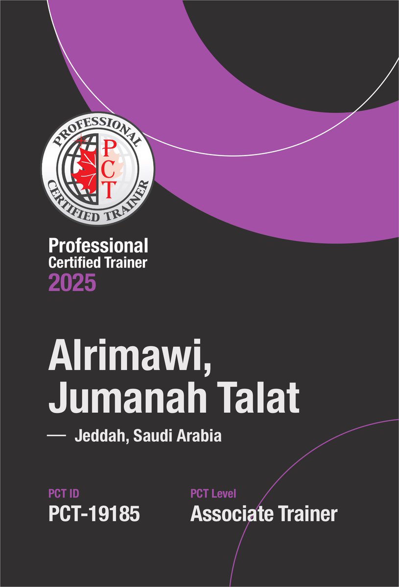 cglobalc's tweet photo. PCT congratulates the Professional Certified Trainer Ms. Jumanah Alrimawi for continuing to be a valuable member of our international team of trainers.

#Congratulations #training #business #trendingpost #trend #fyp #explore #viralpost #tot #Businessman #businesswoman #trainer https://t.co/ok9sQY8FzT