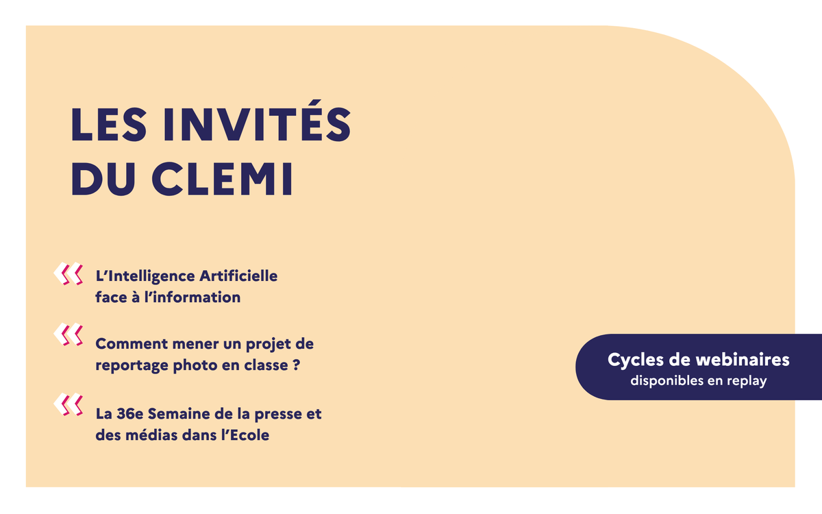 LeCLEMI's tweet image. ▶ Vous n'avez pas assister aux "Invités du CLEMI" cette année ? Ils sont tous disponibles en replay !
1️⃣ Un cycle reportage photo
2️⃣ Un cycle #SPME2025
3️⃣ Un cycle Intelligence Artificielle
Rendez-vous sur le site du CLEMI : clemi.fr/formations/not…