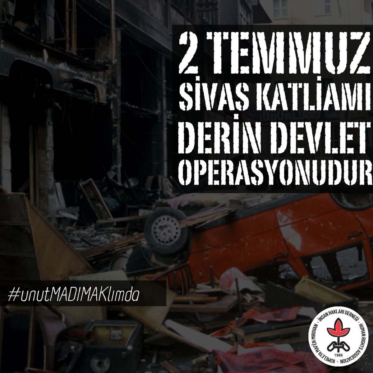 Sivas’ta katledilen canlarımızı saygıyla anıyoruz. Adalet mücadelemizi büyüterek sürdürüyoruz.
Unutmadık, affetmeyeceğiz!

2 Temmuz 1993’te, Sivas’ta Pir Sultan Abdal Kültür Etkinlikleri’ne katılan 33 insan Madımak Oteli’nde yakılarak katledildi. 
Aradan 32 yıl geçti. Ancak