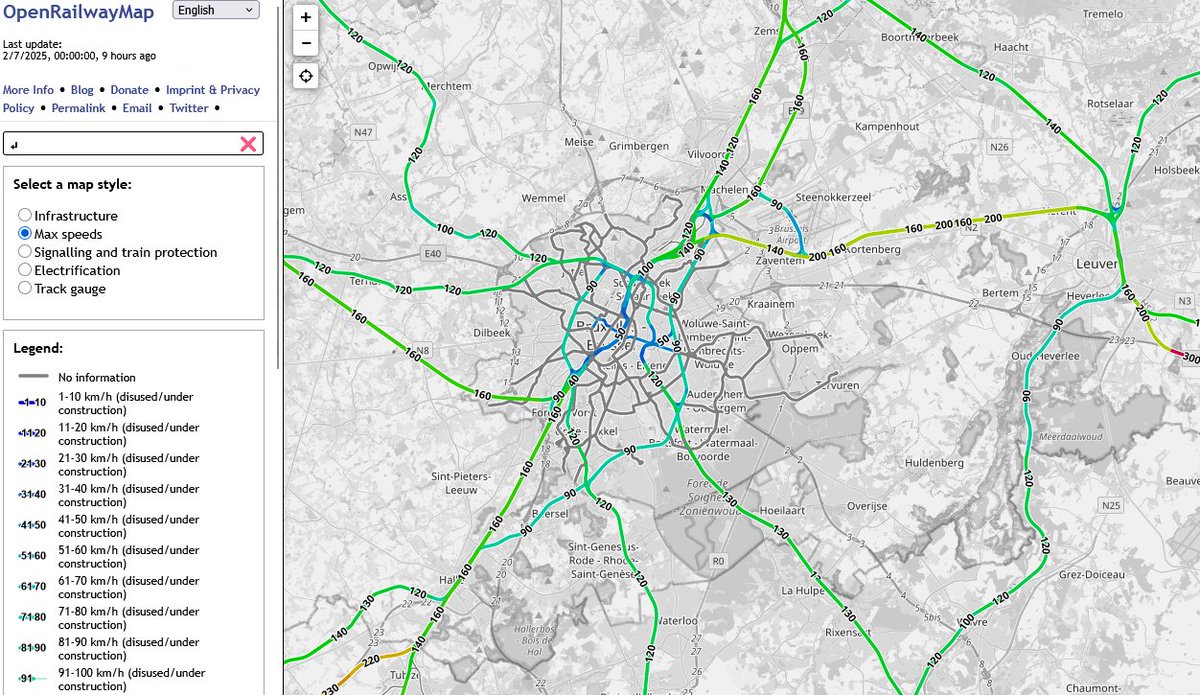 In de categorie "leuke weetjes waar je eigenlijk toch niets mee bent" - hoe snel kunnen de treinen over trajecten rijden?

openrailwaymap.org/?style=maxspee…