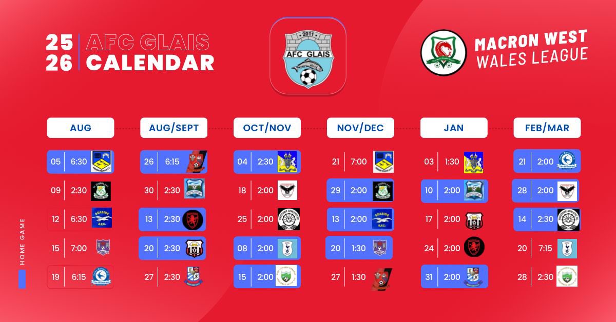 afcglais's tweet photo. @PremierWales fixtures have been released! See below our fixture calendar
📆 ⚽️ 

The full fixture list can be found on the following website:
https://t.co/rHoDOMxaFj https://t.co/7Rw605PXa6
