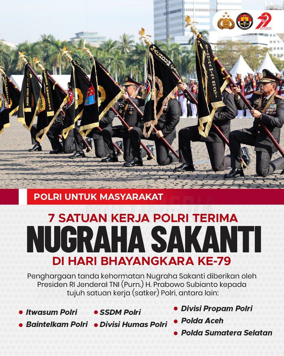 Penghargaan tanda kehormatan Nugraha Sakanti diberikan oleh Presiden RI Jenderal TNI (Purn.) H. Prabowo Subianto kepada tujuh satuan kerja (satker) Polri. Penghargaan diberikan saat Upacara Hari Bhayangkara ke-79 yang digelar di Lapangan Silang Monas, Jakarta, Selasa (1/7). Tujuh