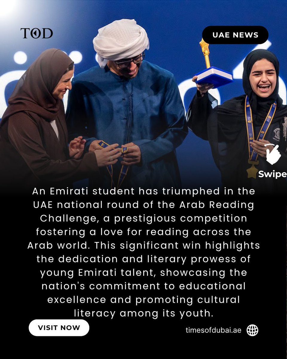 timesofdubai_'s tweet image. Proud moment as an Emirati student wins the UAE round of the Arab Reading Challenge, inspiring a new generation of readers and leaders! 
 #ReadingChampion #ArabReadingChallenge #EmiratiExcellence #UAEYouth #LiteracyMatters