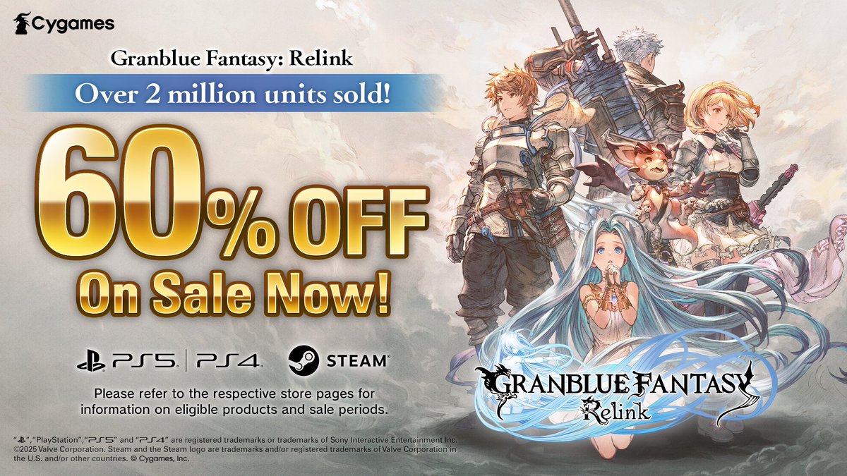 gbf_relink_jp's tweet image. We&apos;re celebrating over 2 million sales with our biggest sale yet—Set sail on your #Relink journey today for 60% off!

Steam: Until 10 a.m., July 10 (PT)
PlayStation™Store: Until 11:59 p.m., July 16 (PT)

Steam: store.steampowered.com/app/881020/Gra…
PlayStation™Store: store.playstation.com/concept/229066