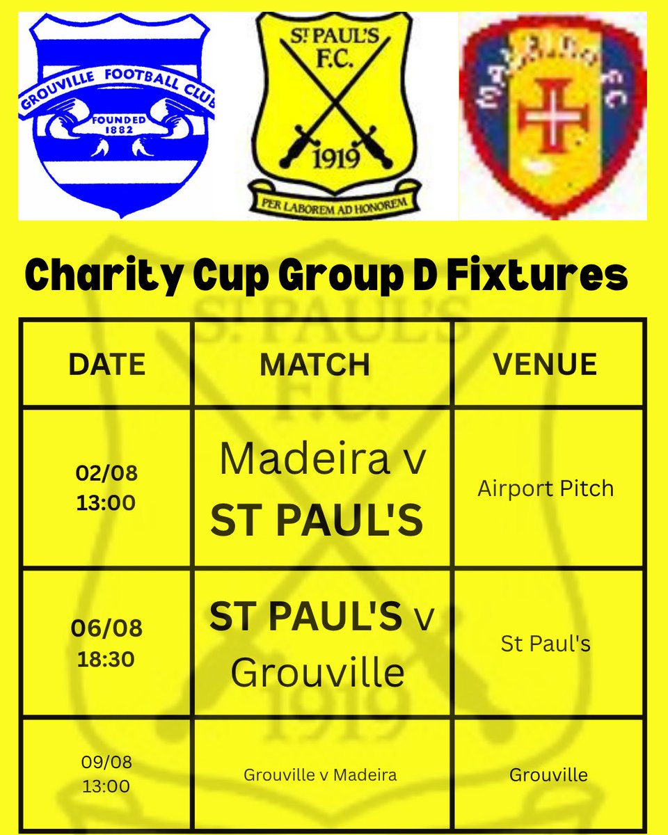 Our Charity Cup fixtures are out, and we're excited to share that we're in Group D alongside Grouville and Madeira! We invite you to come and show your support for the team during the 25/26 season ⚽️🏆 #stpaulsjsyfc