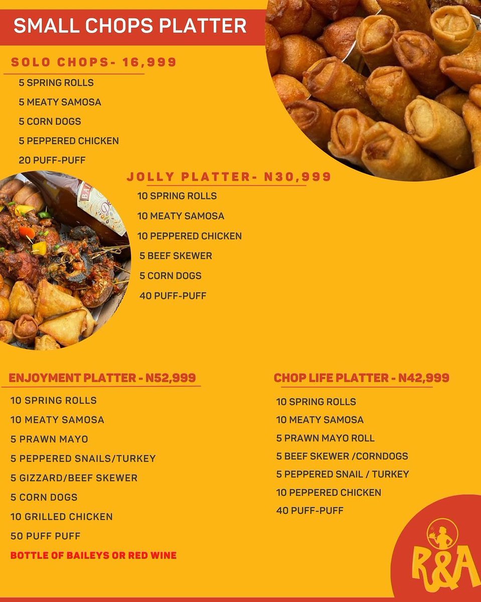 Rubels_Angels's tweet photo. That celebration is not complete without the king of parties - small chops.
This is a great treat either as a gift for a foodie or just for enjoyment with family this weekend.
It's small chops season; indulge and order for yours. We have various options to suit your budget.
⬇️ https://t.co/rBRfs3uWdo