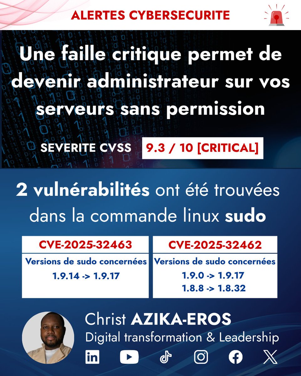 🚨𝗨𝗻𝗲 𝗳𝗮𝗶𝗹𝗹𝗲 CRITIQUE 𝗱𝗲 𝘀é𝗰𝘂𝗿𝗶𝘁é 𝗻𝗼𝘁é𝗲 𝟵.𝟯/𝟭𝟬 (critical) permet de 𝗱𝗲𝘃𝗲𝗻𝗶𝗿 𝗮𝗱𝗺𝗶𝗻𝗶𝘀𝘁𝗿𝗮𝘁𝗲𝘂𝗿 𝘀𝘂𝗿 𝘃𝗼𝘀 𝘀𝗲𝗿𝘃𝗲𝘂𝗿𝘀 SANS PERMISSION #linux #cybersecurite #transformationdigitale