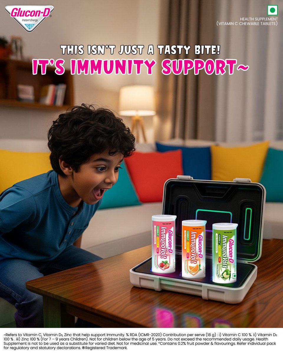 GluconDIndia's tweet image. ImmunoVolt packs are a lot more than tasty bites!
It is daily support for your child’s immune system.
Powered with key nutrients, it helps kids stay strong, active, and ready for anything.
#Immunovolt #ImmunitySupporter #StrongerImmunity #Flavours #Orange #Strawberry #KacchaMango