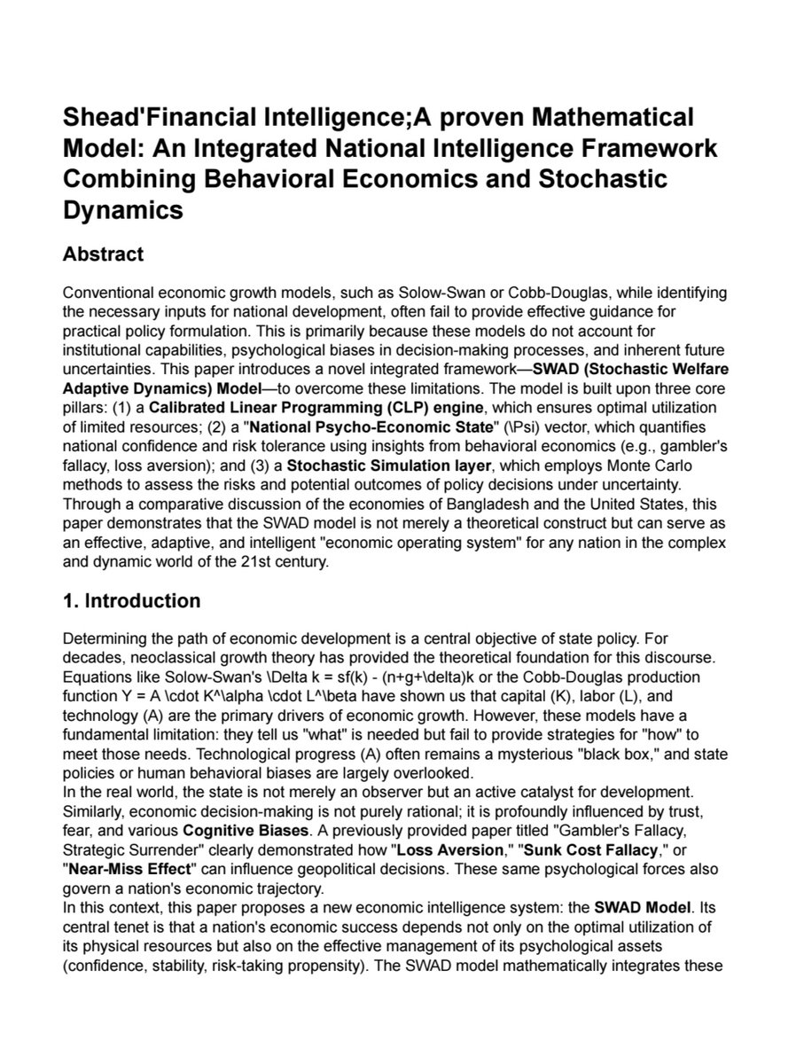 shead_khan's tweet photo. Introducing the SWAD Model! 🚀 This new framework combines behavioral economics &amp; stochastic dynamics to create an "economic operating system" for nations. Moving beyond traditional GDP focus to holistic national welfare. #SWADModel #EconPolicy #Innovation
To be Continued..... https://t.co/Na84HLlyjC