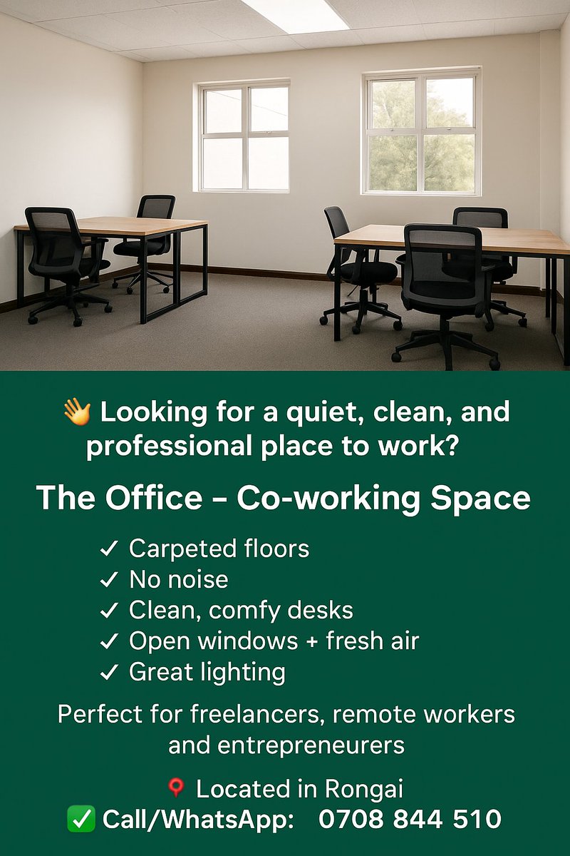 🏢 Work from The Office – Co-working Space in Rongai!

✅ No distractions
✅ Fast Wi-Fi
✅ Comfy desks &amp; chairs
✅ Peace &amp; quiet
✅ 2X more productive than WFH
Get more done. Think better. Work smarter.
📍 Visit us today!  #Ombachi #JuneDump #KSh 75.5