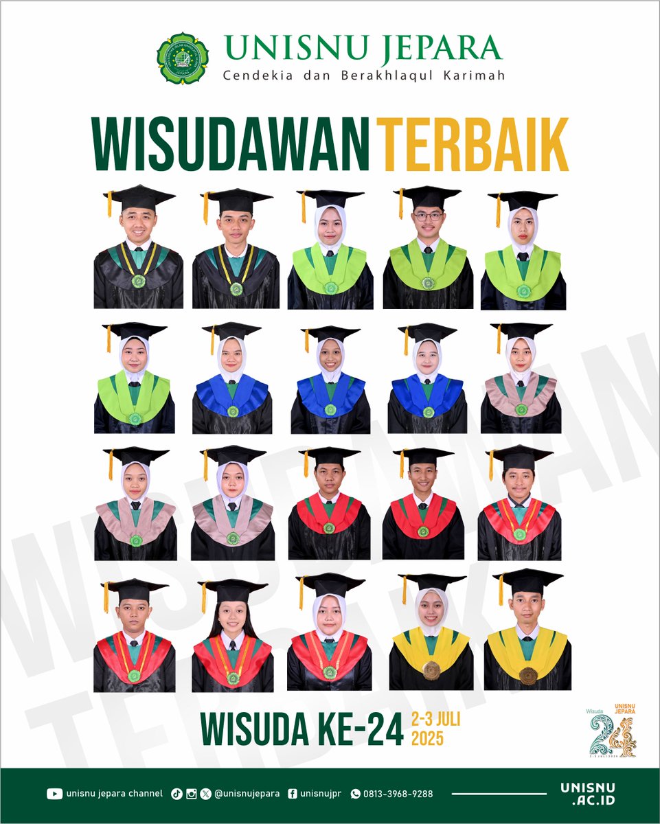 Kami sampaikan selamat kepada 20 Wisudawan Terbaik yang diwisuda 2-3 Juli 2025. Sukses dan selamat mengabdi bagi kemajuan di masyarakat.