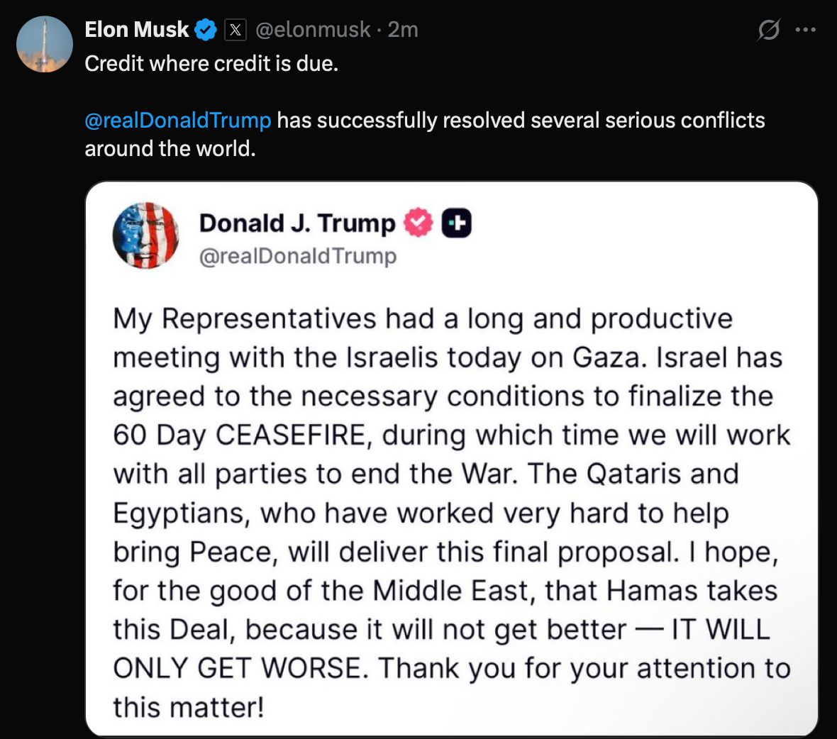 BREAKING 🅱️

Elon Musk credits Trump for historic global ceasefire agreement.