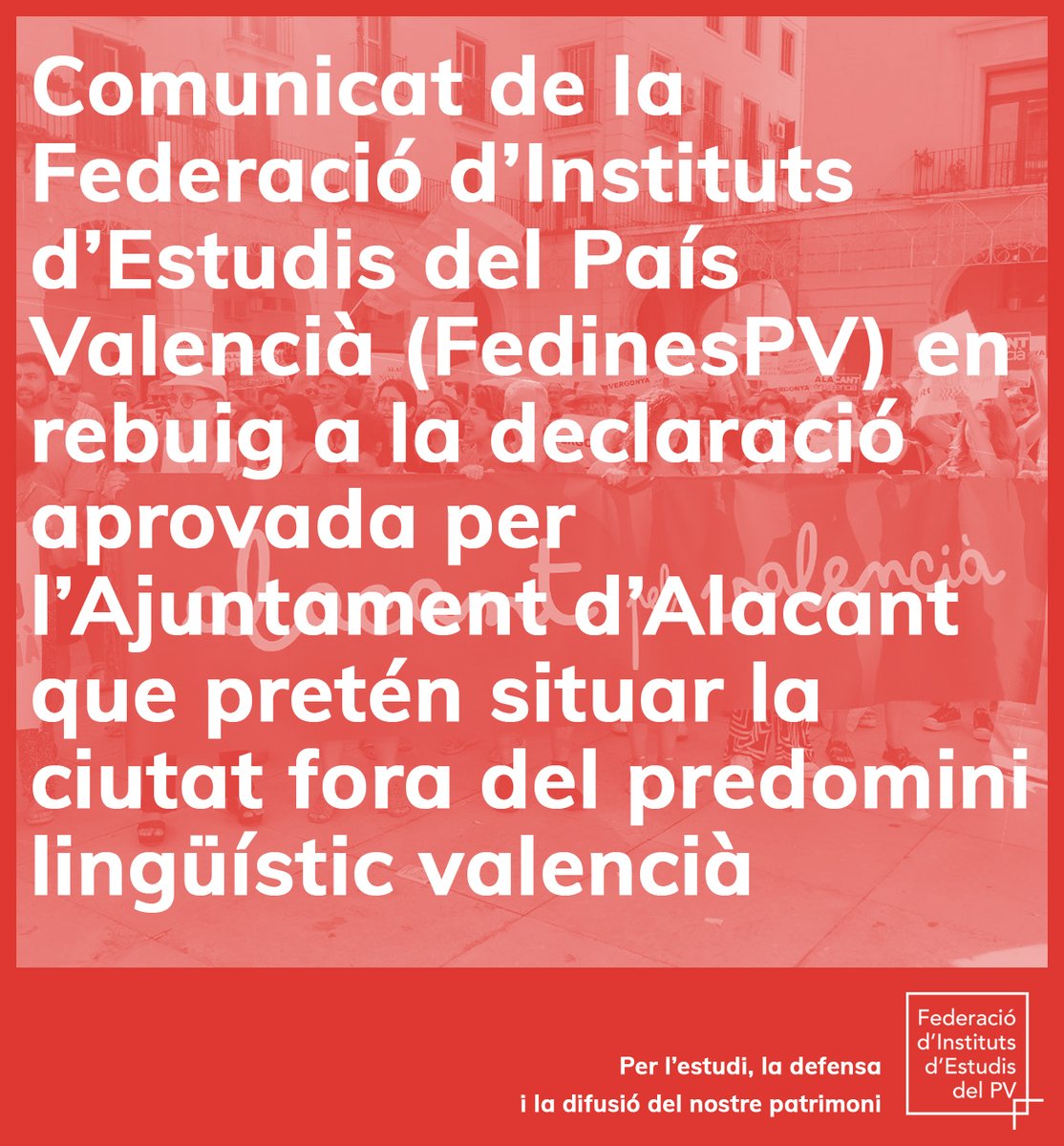 Federació d'Instituts d'Estudis del PV (@inst_estudis_pv) on Twitter photo 📣 La FedinesPV es posiciona en contra de la declaració aprovada per l’Ajuntament d’Alacant que pretén situar aquesta ciutat fora de l’àrea de predomini lingüísitc valencià. Aquest comunicat compta amb el suport de la <a href="/ccentresestudis/">Coordinadora Centres d'Estudis de Parla Catalana</a> .
👇
fedinespv.org/la-fedinespv-e… 📣 La FedinesPV es posiciona en contra de la declaració aprovada per l’Ajuntament d’Alacant que pretén situar aquesta ciutat fora de l’àrea de predomini lingüísitc valencià. Aquest comunicat compta amb el suport de la <a href="/ccentresestudis/">Coordinadora Centres d'Estudis de Parla Catalana</a> .
👇
fedinespv.org/la-fedinespv-e…