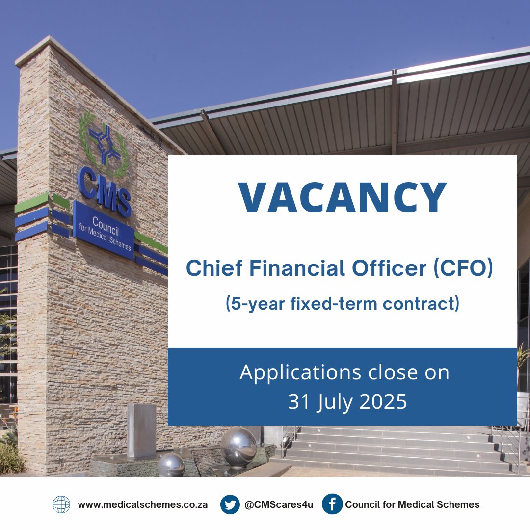 Vacancy Alert: The CMS is recruiting a Chief Financial Officer (CFO) for a 5-year fixed-term contract. Suitable candidates should have extensive experience in strategic financial management and governance. 

Apply here by 31 July 2025: bit.ly/4nzEUaQ #CMScares4u