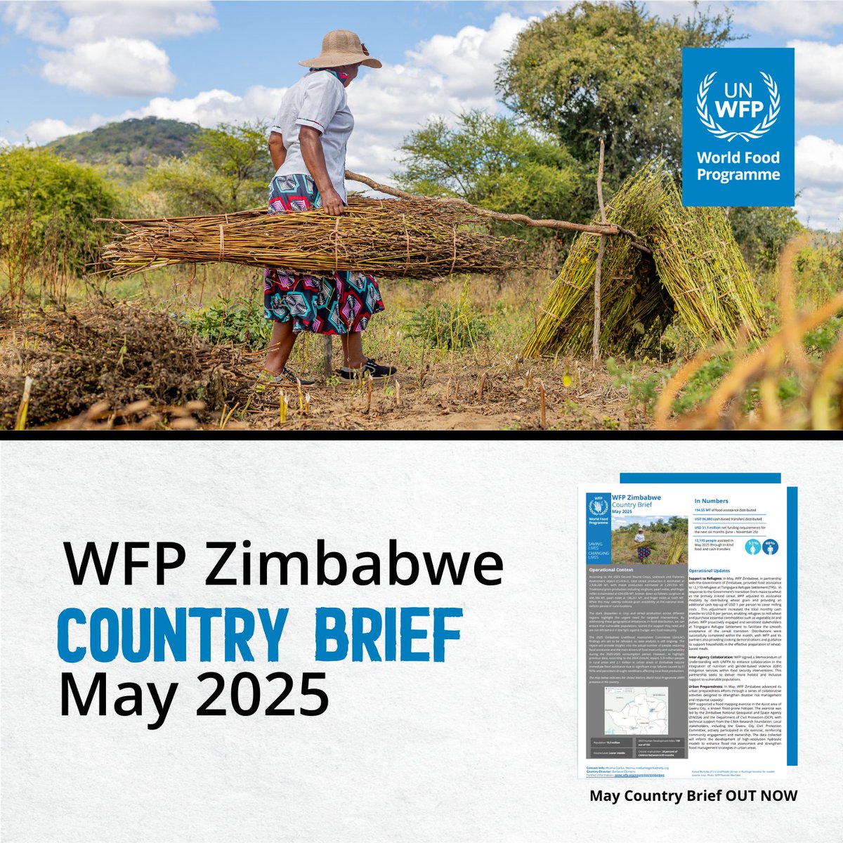 WFP_Zimbabwe's tweet image. 📢 Just out: May Country Brief.
Get the latest on how @WFP supported communities across #Zimbabwe.
🔗reliefweb.int/report/zimbabw…