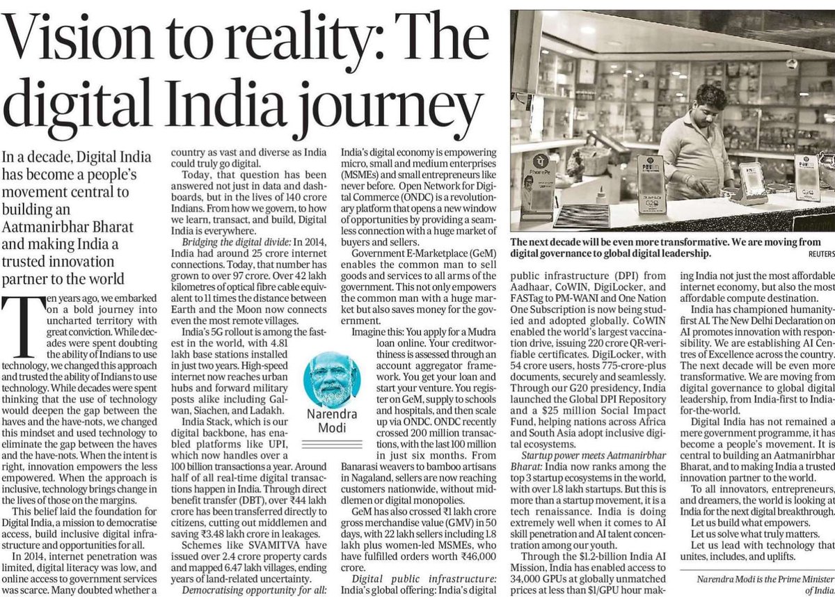 Sarbananda Sonowal (@sarbanandsonwal) on Twitter photo "When the intent is right, innovation empowers the less empowered. When the approach is inclusive, technology brings change in the lives of those on the margins"
Read this insightful article by Hon'ble PM Shri <a href="/narendramodi/">Narendra Modi</a> ji on #10YearsOfDigitalIndia. "When the intent is right, innovation empowers the less empowered. When the approach is inclusive, technology brings change in the lives of those on the margins"
Read this insightful article by Hon'ble PM Shri <a href="/narendramodi/">Narendra Modi</a> ji on #10YearsOfDigitalIndia.