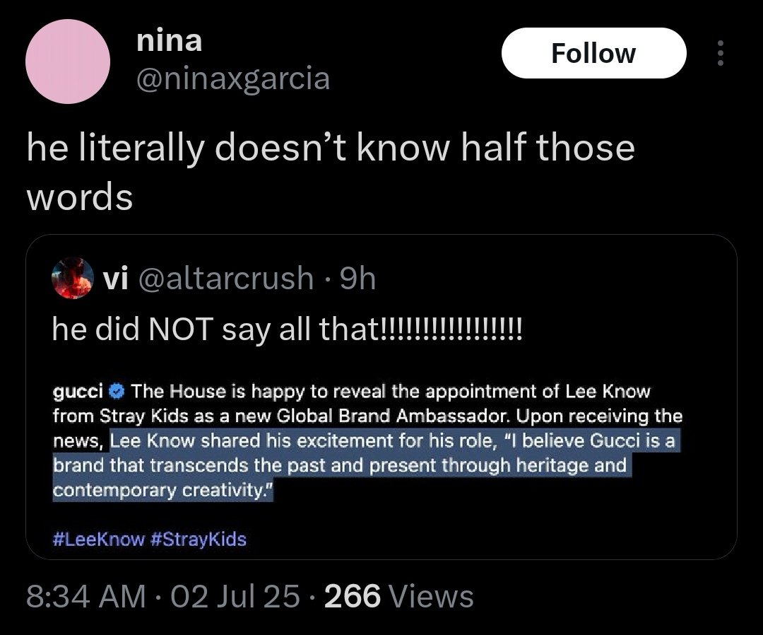 minhonoots's tweet photo. Tired of people acting like Lee Know is just a comic relief. He’s intelligent, articulate, and constantly evolving, reading and expanding his mind. He has shown how smart he is time and time again u can even see that during the last Gucci Cruise show with his thoughtful responses https://t.co/ElG4g2rAiF