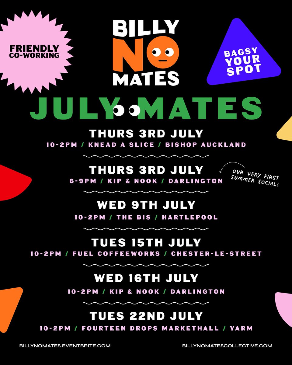 Tomorrow is the first of the July Billy No Mates Coworking meet-ups - first up a cowork session in Bishop Auckland, then our very first summer social from 6pm. Looking forward to catching up without working and enjoying a Kip&amp;Nook spread 👏 All events: 
billynomates.eventbrite.com