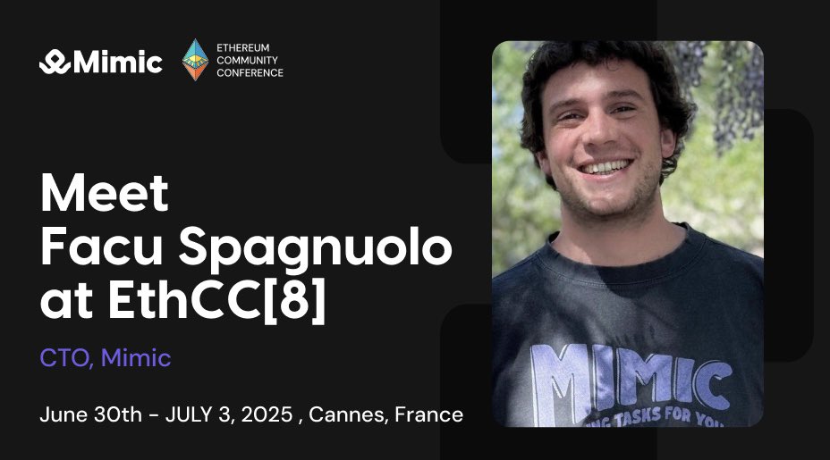 mimic (@mimicfi) on Twitter photo If you're attending <a href="/EthCC/">EthCC - Ethereum Community Conference</a> today, come to a Hitchhiker’s Guide to a Trustless Automation Protocol!
🗣 Facu, CTO of Mimic
🕝 2:35 PM CEST
📍 Hepburn Stage (Yellow Floor)
We will explore intents, solvers, and discover the possibilities of automation in Web3. If you're attending <a href="/EthCC/">EthCC - Ethereum Community Conference</a> today, come to a Hitchhiker’s Guide to a Trustless Automation Protocol!
🗣 Facu, CTO of Mimic
🕝 2:35 PM CEST
📍 Hepburn Stage (Yellow Floor)
We will explore intents, solvers, and discover the possibilities of automation in Web3.