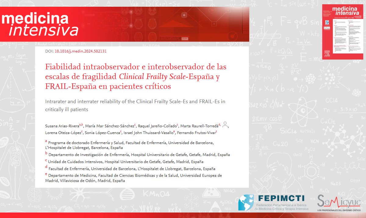 Fepimcti (@fepimcti) on Twitter photo 📕 Fiabilidad intraobservador e interobservador de las escalas de fragilidad Clinical Frailty Scale-España y FRAIL-España en pacientes críticos.
▶ Estudio descriptivo, observacional de carácter métrico.
👉 medintensiva.org/es-fiabilidad-…
#divulgación #medicinaintensiva <a href="/intensiva_med/">MedIntensiva</a> 📕 Fiabilidad intraobservador e interobservador de las escalas de fragilidad Clinical Frailty Scale-España y FRAIL-España en pacientes críticos.
▶ Estudio descriptivo, observacional de carácter métrico.
👉 medintensiva.org/es-fiabilidad-…
#divulgación #medicinaintensiva <a href="/intensiva_med/">MedIntensiva</a>