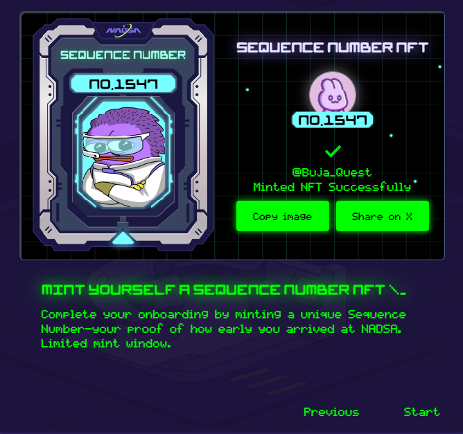 Because you told me about it back then and I minted it, I was able to mint this one too.
Thx link 
&gt; mint --sequence NFT
&gt;&gt; welcome to <a href="/0xNADSA/">NADSA</a> <a href="/monad_xyz/">Monad ⨀</a>
