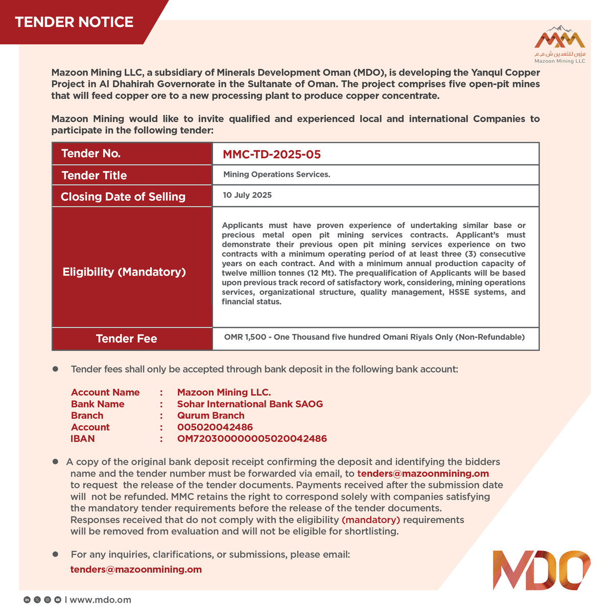 mdo_om's tweet photo. Tender Announcement!
#MDO_Oman #Mazoon_Mining https://t.co/2Xv7j88BPJ