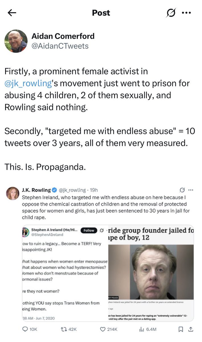 Jfc he went there

He’s defending a man who has just been sentenced to 30 years in prison for child r*pe saying his tweets to JK Rowling were ‘measured’ and saying that calling this child r*pist out is ‘propaganda’ 🤬🤬🤬