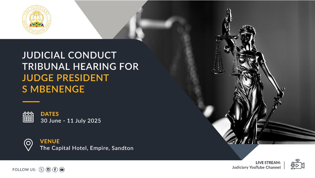 RSAJudiciary (@ocj_rsa) on Twitter photo TUNE IN: The Judicial Conduct Tribunal Hearing on complaints against Judge President Mbenenge - 2 July 2025, from 09h30.
Direct Link - youtube.com/live/oZsIXtYBF…
Watch Live on the JudiciaryRSA YouTube channel - youtube.com/c/JudiciaryRSA
#ocj_rsa #JSC #Tribunal TUNE IN: The Judicial Conduct Tribunal Hearing on complaints against Judge President Mbenenge - 2 July 2025, from 09h30.
Direct Link - youtube.com/live/oZsIXtYBF…
Watch Live on the JudiciaryRSA YouTube channel - youtube.com/c/JudiciaryRSA
#ocj_rsa #JSC #Tribunal