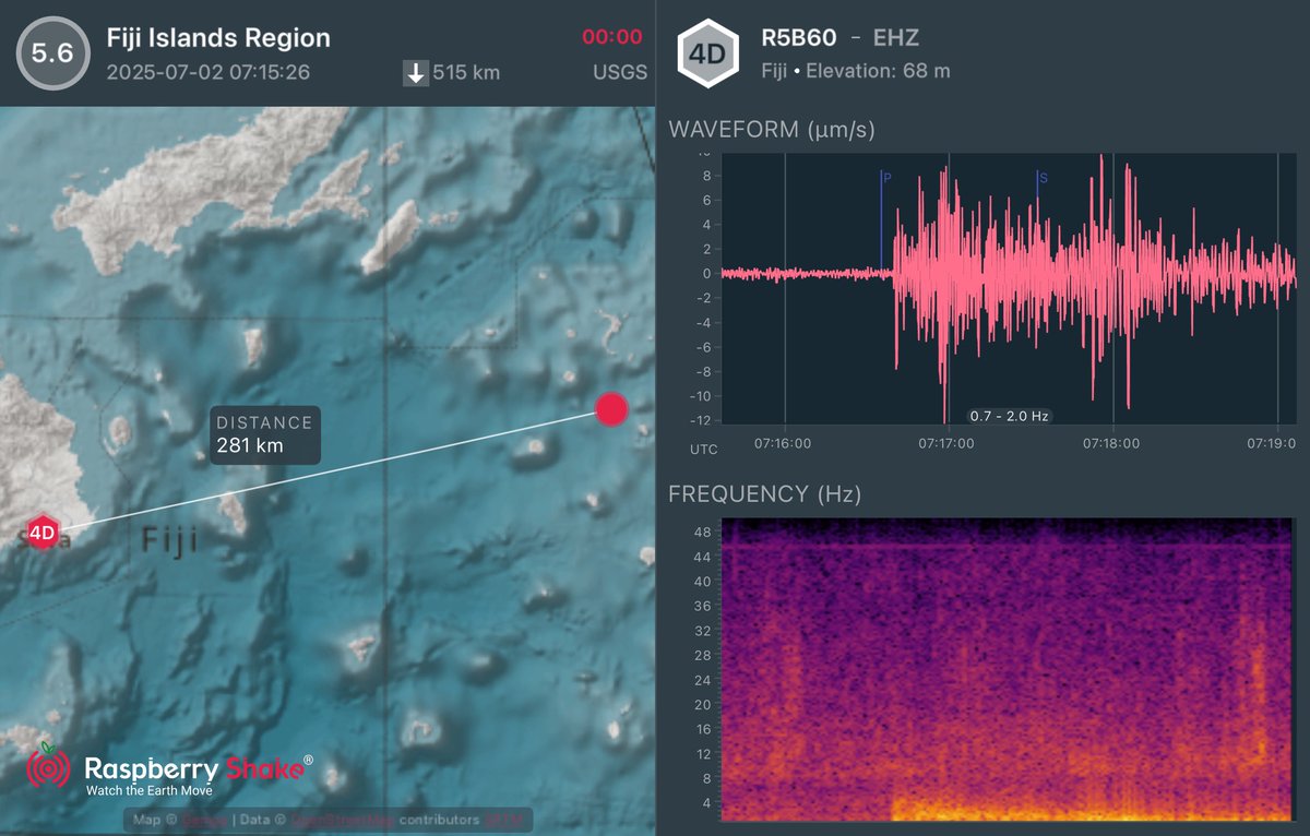 Fiji Earthquakes & Weather (@fijiearthquakes) on Twitter photo A M5.6 earthquake with a deep depth occurred at 7:15pm FJT in the Lau region, south of Vanua Balavu. Due to its deep depth, it does not pose any threat. Recorded on my <a href="/raspishake/">Raspberry Shake</a>. A M5.6 earthquake with a deep depth occurred at 7:15pm FJT in the Lau region, south of Vanua Balavu. Due to its deep depth, it does not pose any threat. Recorded on my <a href="/raspishake/">Raspberry Shake</a>.