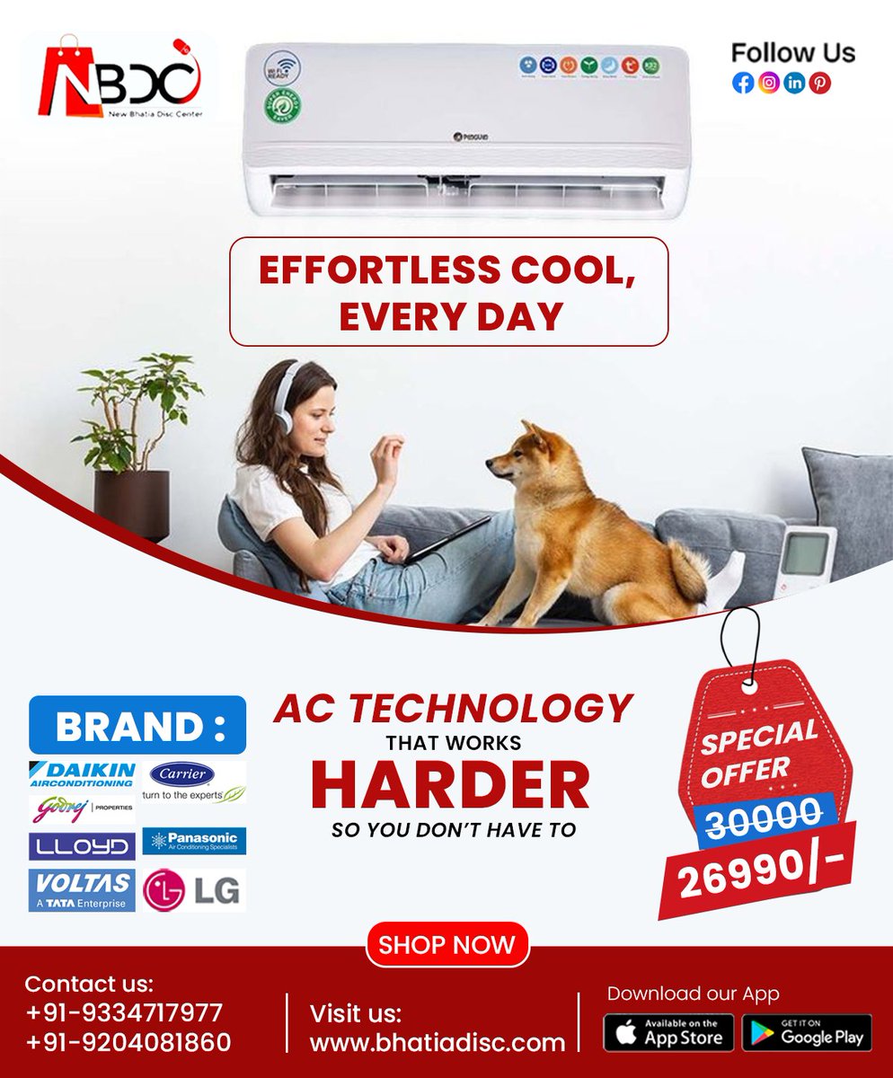 DiscBhatia's tweet image. 🔥 Hot Deal for the Coolest Comfort!
Top AC brands like Daikin, LG, Voltas &amp;amp; more – now at ₹26,990/- (was ₹30,000)

💨 Smart cooling made affordable!
📲 bhatiadisc.com | 📞 +91-9334717977

#ACSale #CoolingTech #BhatiaDiscCenter #SummerReady