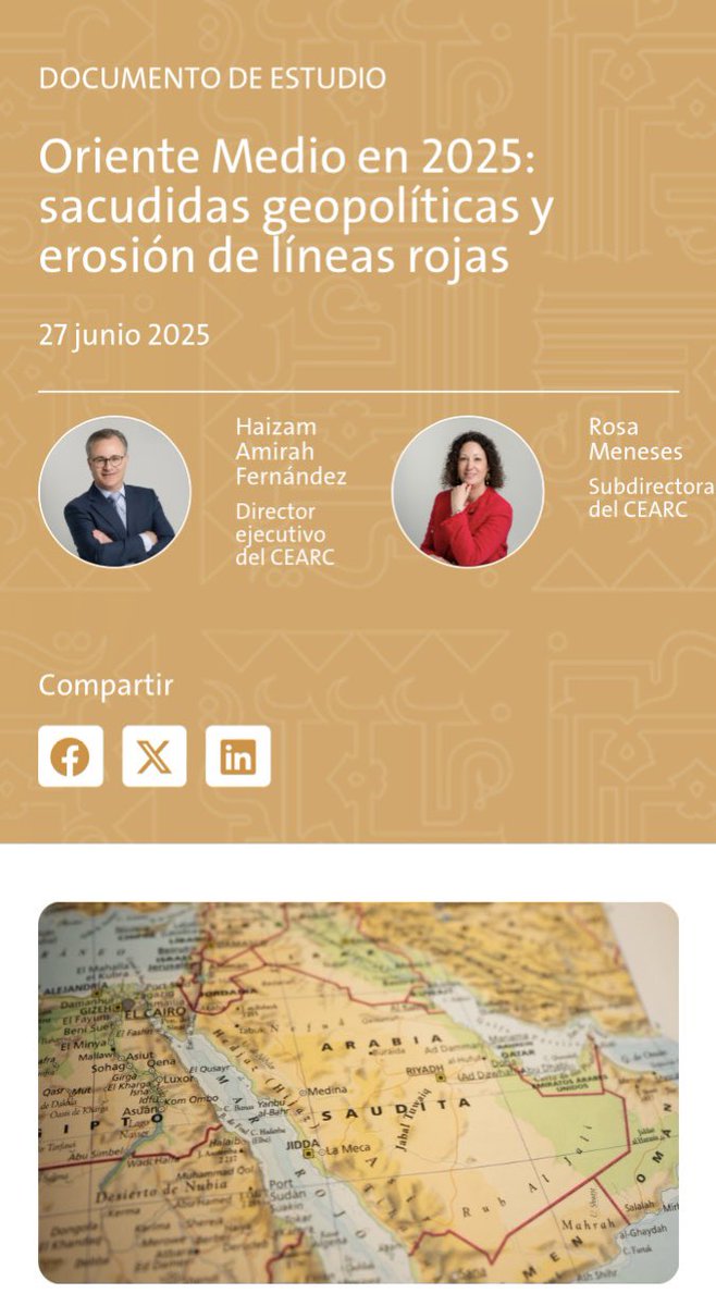 Haizam Amirah Fernández (@haizamamirah) on Twitter photo Nuevo Documento de Estudio del #CEARC:
“Oriente Medio en 2025: sacudidas geopolíticas y erosión de líneas rojas”
En él <a href="/rosameneses10/">Rosa Meneses</a> y <a href="/HaizamAmirah/">Haizam Amirah Fernández</a> analizamos los cambios ocurridos desde el 7 de octubre de 2023 y los riesgos que vemos.
Léelo en: cearc.net/oriente-medio-… Nuevo Documento de Estudio del #CEARC:
“Oriente Medio en 2025: sacudidas geopolíticas y erosión de líneas rojas”
En él <a href="/rosameneses10/">Rosa Meneses</a> y <a href="/HaizamAmirah/">Haizam Amirah Fernández</a> analizamos los cambios ocurridos desde el 7 de octubre de 2023 y los riesgos que vemos.
Léelo en: cearc.net/oriente-medio-…