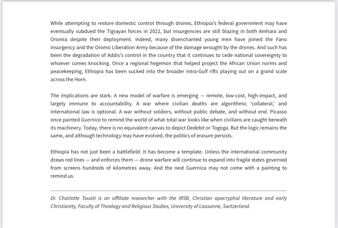 Touati Charlotte (@drchtouati) on Twitter photo War Labs: Drones, Alliances, and Sovereignty for Sale.
Life-size tests were carried out by foreign powers on civilian populations during the Tigray war, which have historically changed the way wars are fought today.
My last op-ed for <a href="/SahanResearch/">Sahan Research</a> War Labs: Drones, Alliances, and Sovereignty for Sale.
Life-size tests were carried out by foreign powers on civilian populations during the Tigray war, which have historically changed the way wars are fought today.
My last op-ed for <a href="/SahanResearch/">Sahan Research</a>